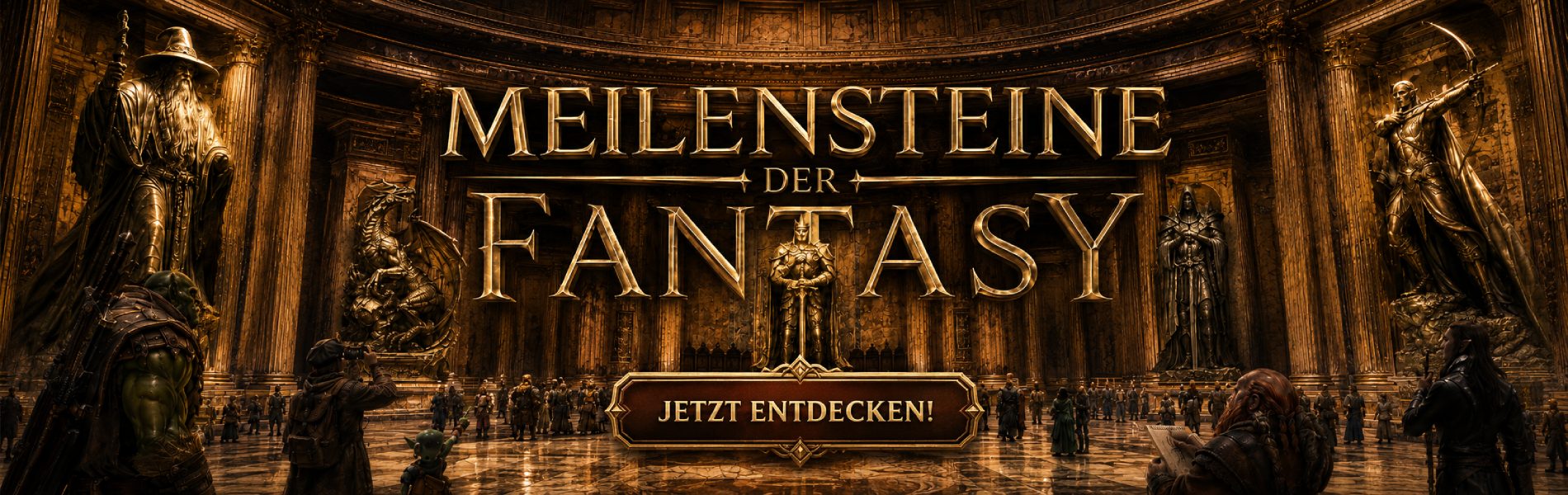 Das Pantheon der Fantasy zeigt riesige steinerne Fantayfiguren wie Zauberer und Drachen. Im Pantheon stehen viel unterschiedliche Besucher, die die Figuren betrachten. Text: Meilensteine der Fantasy. Jetzt entdecken. 
