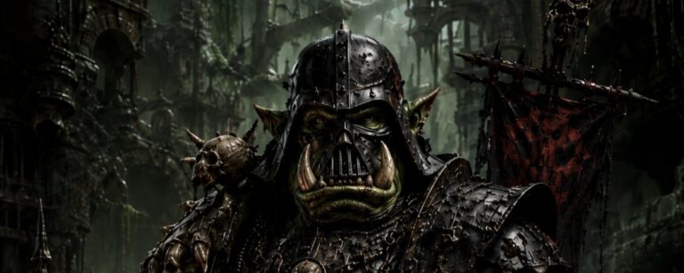Düsteres Hochformat-Porträt eines orkischen Dunkelfürsten im Stil einer Kino-Bösewicht-Karte: Ein massiger Ork in schwarzer, schwerer Rüstung steht vor einer finsteren Industrie-Festung, mit grünlicher Haut, gewaltigen Hauern, schwarzem Atemhelm, ausgestreckter Hand und rot glühender Klinge.