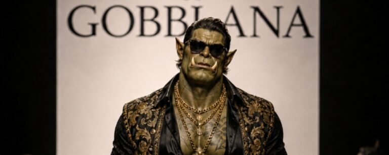 Fantasy-Fashion-Meme im Hochformat: Ein muskulöser Oger-Modeltyp läuft selbstbewusst über einen luxuriösen Laufsteg. Er trägt Sonnenbrille, offene schwarze Seide, goldene Ketten, eine aufwendig bestickte schwarz-goldene Jacke, kurze Designerhose und elegante schwarze Schuhe. Im Hintergrund steht groß „DOLCHE & GOBBLANA“, während am Rand des Laufstegs stilvolle Orks, Elben, Zwerge und Goblins als Publikum sitzen. Die Szene parodiert edle Luxusmode mit düsterem Zwischenreiche-Charme.