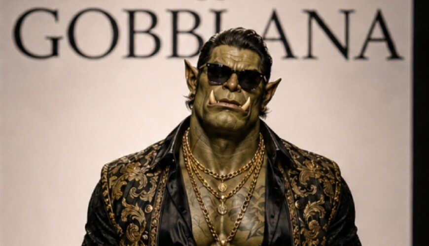 Fantasy-Fashion-Meme im Hochformat: Ein muskulöser Oger-Modeltyp läuft selbstbewusst über einen luxuriösen Laufsteg. Er trägt Sonnenbrille, offene schwarze Seide, goldene Ketten, eine aufwendig bestickte schwarz-goldene Jacke, kurze Designerhose und elegante schwarze Schuhe. Im Hintergrund steht groß „DOLCHE & GOBBLANA“, während am Rand des Laufstegs stilvolle Orks, Elben, Zwerge und Goblins als Publikum sitzen. Die Szene parodiert edle Luxusmode mit düsterem Zwischenreiche-Charme.