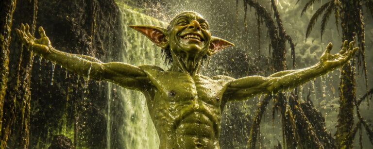 Ein ekstatisch lachender Goblin steht mit ausgebreiteten Armen unter einem giftgrün leuchtenden Wasserfall in einer albtraumhaften Sumpflandschaft. Hinter ihm ragen finstere Ruinen, schwarze Felsen und tropfende Pflanzen in einen gelbgrünen Himmel. Rechts unten steht eine große Flasche Duschgel mit dem Namen „Schattenschmiere“.