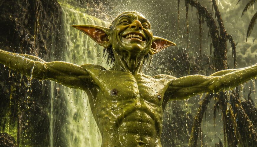 Ein ekstatisch lachender Goblin steht mit ausgebreiteten Armen unter einem giftgrün leuchtenden Wasserfall in einer albtraumhaften Sumpflandschaft. Hinter ihm ragen finstere Ruinen, schwarze Felsen und tropfende Pflanzen in einen gelbgrünen Himmel. Rechts unten steht eine große Flasche Duschgel mit dem Namen „Schattenschmiere“.