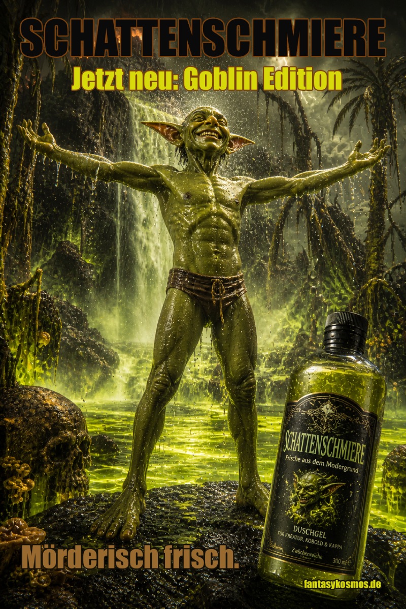 Düstere Fantasy-Produktwerbung im Hochformat: Ein ekstatisch lachender Goblin steht mit ausgebreiteten Armen unter einem giftgrün leuchtenden Wasserfall in einer albtraumhaften Sumpflandschaft. Hinter ihm ragen finstere Ruinen, schwarze Felsen und tropfende Pflanzen in einen gelbgrünen Himmel. Rechts unten steht eine große Flasche Duschgel mit dem Namen „Schattenschmiere“. Die Werbung wirkt wie eine überdrehte Wellness-Kampagne aus den Zwischenreichen: Körperpflege, Modergrund und bedenkliche Frische in einem Bild.