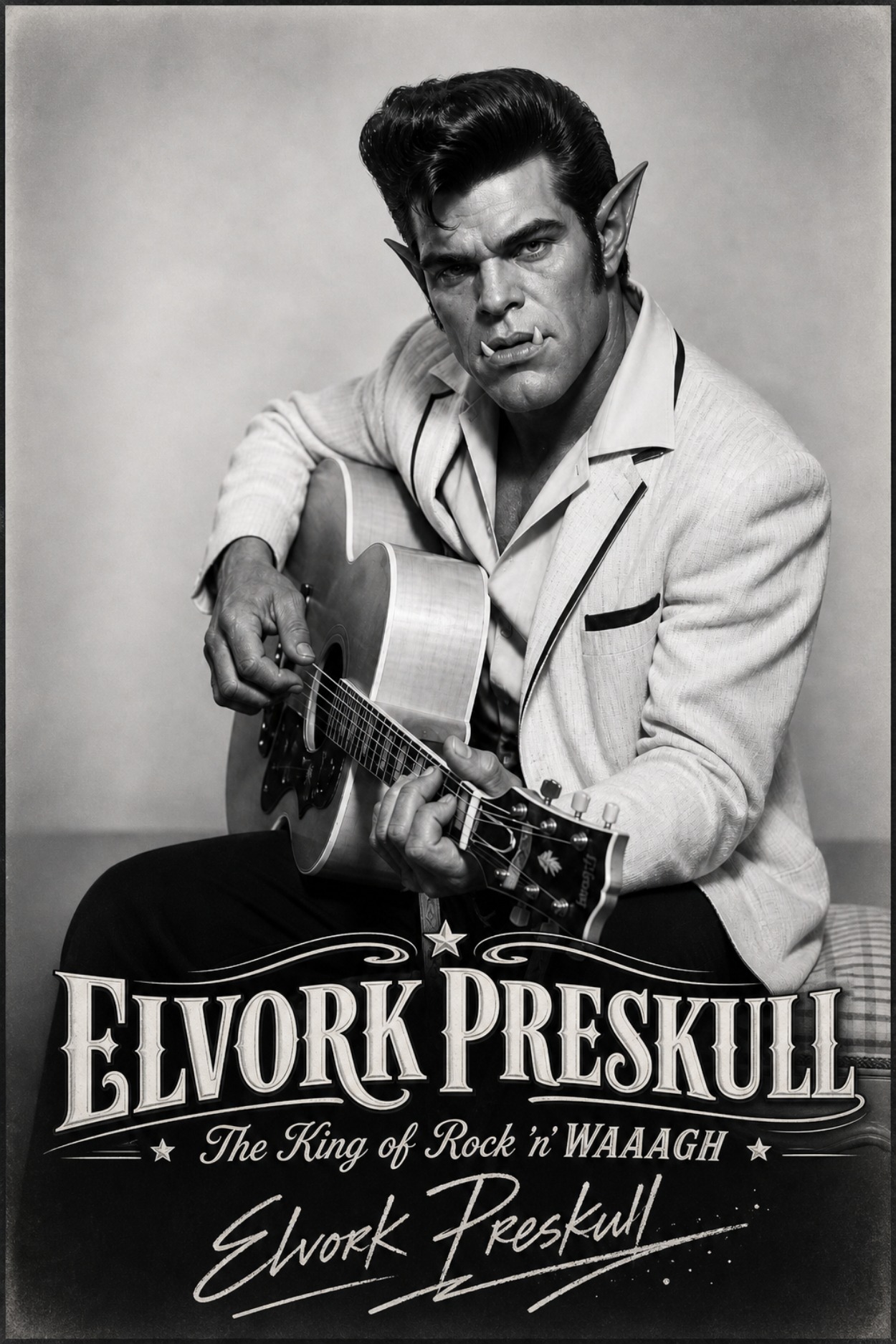 Schwarzweiße Autogrammkarte im Stil der 50er: Ein orkischer Rock’n’Roll-Star mit Tolle, spitzen Ohren und kleinen Hauern sitzt im hellen Sakko mit Akustikgitarre vor neutralem Studiohintergrund. Unten prangen der Name „Elvork Preskull“, der Zusatz „The King of Rock ’n’ WAAAGH“ und eine große Unterschrift.