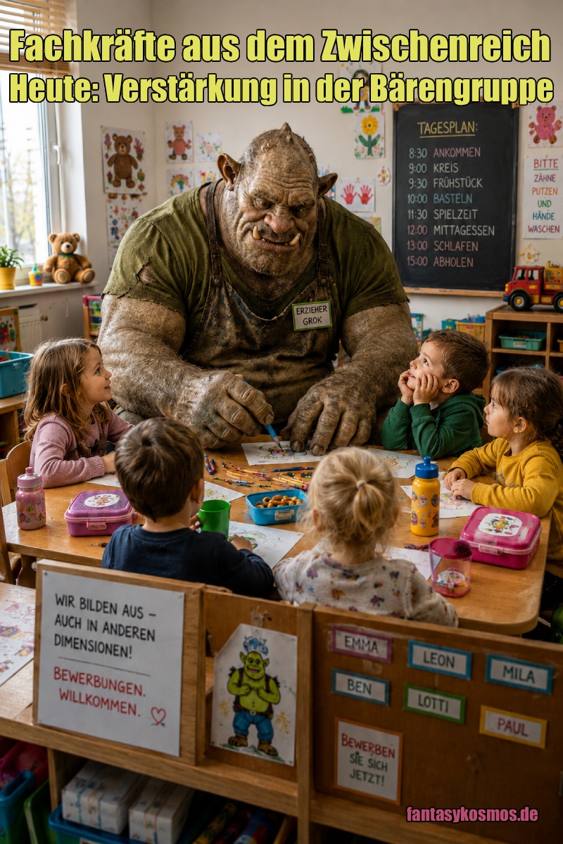 Satirisches Fantasy-Fotomotiv im Hochformat: In einem hellen Kindergartenraum sitzt ein riesiger, grobschlächtiger Oger mit Namensschild „Erzieher Grok“ an einem winzigen Basteltisch zwischen mehreren kleinen Kindern. Vor ihm liegen Buntstifte, Papier, Brotdosen und Trinkflaschen. Die Kinder schauen neugierig und erstaunlich entspannt zu ihm auf, während der Oger mit dicken Fingern konzentriert an einer Kinderzeichnung arbeitet. Im Hintergrund hängen Kinderbilder, ein Tagesplan und Spielzeugregale. Vorn an einer Holzwand stehen Schilder wie „Wir bilden aus – auch in anderen Dimensionen!“.