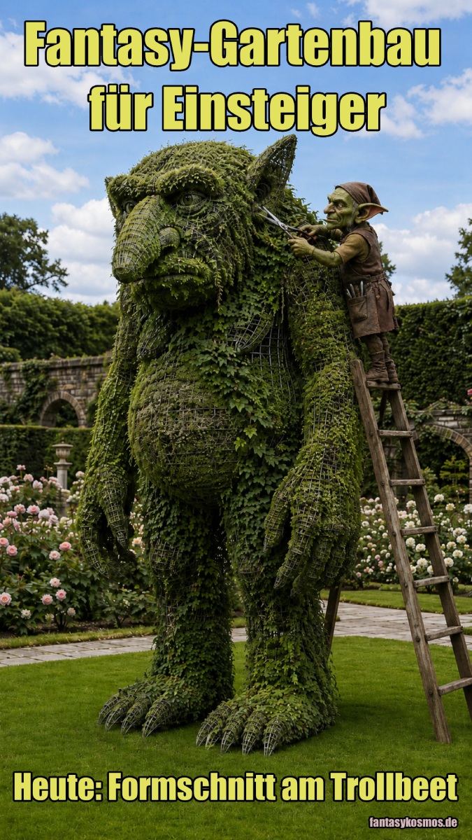 Satirisches Fantasy-Gartenmotiv im Hochformat: In einem gepflegten Schaugarten mit Rosenbeeten, Hecken und Steinbögen steht eine riesige Pflanzskulptur in Form eines grimmigen Trolls. Die Figur besteht aus Drahtgerüst, dichtem Grünbewuchs und rankenden Pflanzen, mit langer Nase, schweren Lidern und gewaltigen Klauenfüßen. Rechts daneben steht ein kleiner Goblin-Gärtner auf einer Holzleiter und schneidet mit einer Schere konzentriert am Trollkopf und Ohrbereich herum. Die Szene wirkt wie luxuriöser Gartenbau aus den Zwischenreichen.