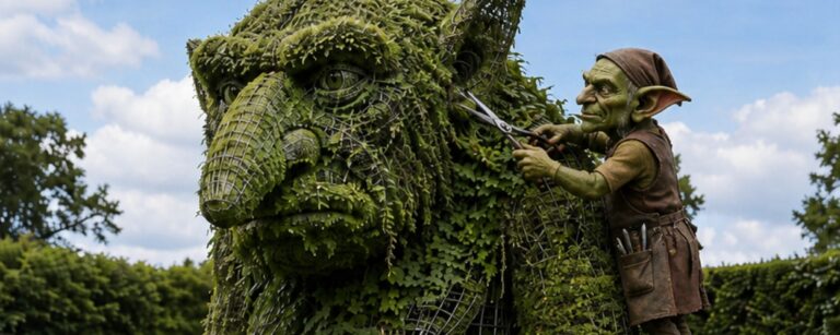Satirisches Fantasy-Gartenmotiv im Hochformat: In einem gepflegten Schaugarten mit Rosenbeeten, Hecken und Steinbögen steht eine riesige Pflanzskulptur in Form eines grimmigen Trolls. Die Figur besteht aus Drahtgerüst, dichtem Grünbewuchs und rankenden Pflanzen, mit langer Nase, schweren Lidern und gewaltigen Klauenfüßen. Rechts daneben steht ein kleiner Goblin-Gärtner auf einer Holzleiter und schneidet mit einer Schere konzentriert am Trollkopf und Ohrbereich herum. Die Szene wirkt wie luxuriöser Gartenbau aus den Zwischenreichen.