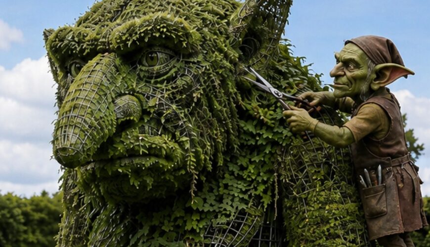 Satirisches Fantasy-Gartenmotiv im Hochformat: In einem gepflegten Schaugarten mit Rosenbeeten, Hecken und Steinbögen steht eine riesige Pflanzskulptur in Form eines grimmigen Trolls. Die Figur besteht aus Drahtgerüst, dichtem Grünbewuchs und rankenden Pflanzen, mit langer Nase, schweren Lidern und gewaltigen Klauenfüßen. Rechts daneben steht ein kleiner Goblin-Gärtner auf einer Holzleiter und schneidet mit einer Schere konzentriert am Trollkopf und Ohrbereich herum. Die Szene wirkt wie luxuriöser Gartenbau aus den Zwischenreichen.