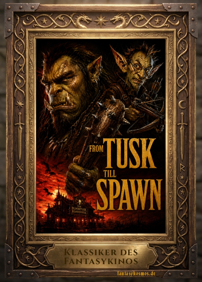 Fantasy-Filmplakat im verzierten Holzrahmen: Zwei finstere Outlaw-Gestalten dominieren das Bild, im Vordergrund ein hart blickender Krieger, dahinter ein dünner, nervöser Gefährte mit runder Brille und gezogener Waffe. Unten glüht vor rotem Abendhimmel eine einsame Taverne, über ihr kreisen schwarze Schatten. In großen goldenen Lettern steht der Titel „From Tusk Till Spawn“.