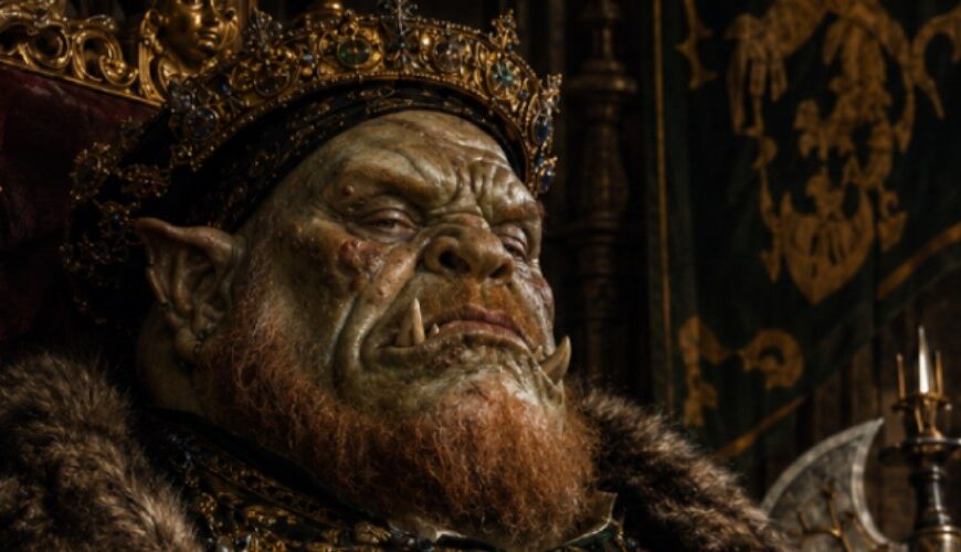 Ein gewaltiger ogerhafter König in einem düsteren Thronsaal.