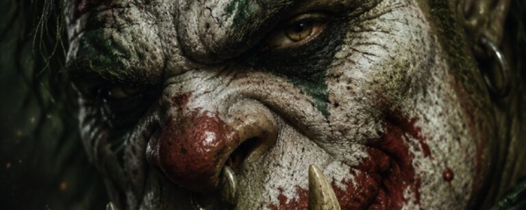 Düsteres Hochformat-Porträt eines orkischen Superschurken im Stil einer Kino-Bösewicht-Karte: Ein grimmiger Ork mit clownhafter Kriegsbemalung, roter Nase, aufgerissener Schminke, spitzen Ohren und gewaltigen Hauern blickt frontal und bedrohlich in die Kamera.