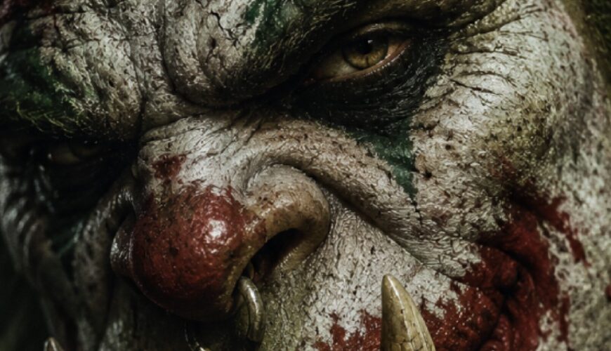 Düsteres Hochformat-Porträt eines orkischen Superschurken im Stil einer Kino-Bösewicht-Karte: Ein grimmiger Ork mit clownhafter Kriegsbemalung, roter Nase, aufgerissener Schminke, spitzen Ohren und gewaltigen Hauern blickt frontal und bedrohlich in die Kamera.