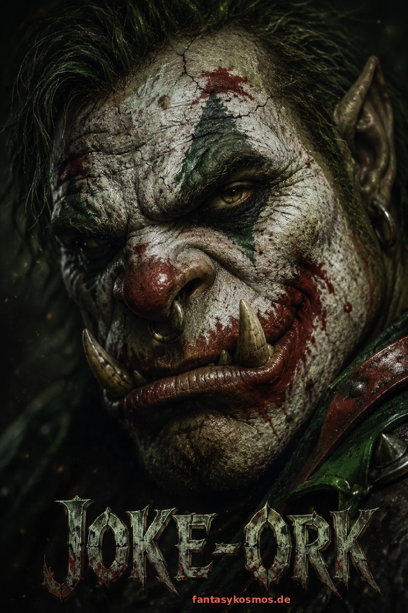Düsteres Hochformat-Porträt eines orkischen Superschurken im Stil einer Kino-Bösewicht-Karte: Ein grimmiger Ork mit clownhafter Kriegsbemalung, roter Nase, aufgerissener Schminke, spitzen Ohren und gewaltigen Hauern blickt frontal und bedrohlich in die Kamera. Unten steht in zerkratzter Metall-Schrift „JOKE-ORK“, darunter klein „fantasykosmos.de“.
