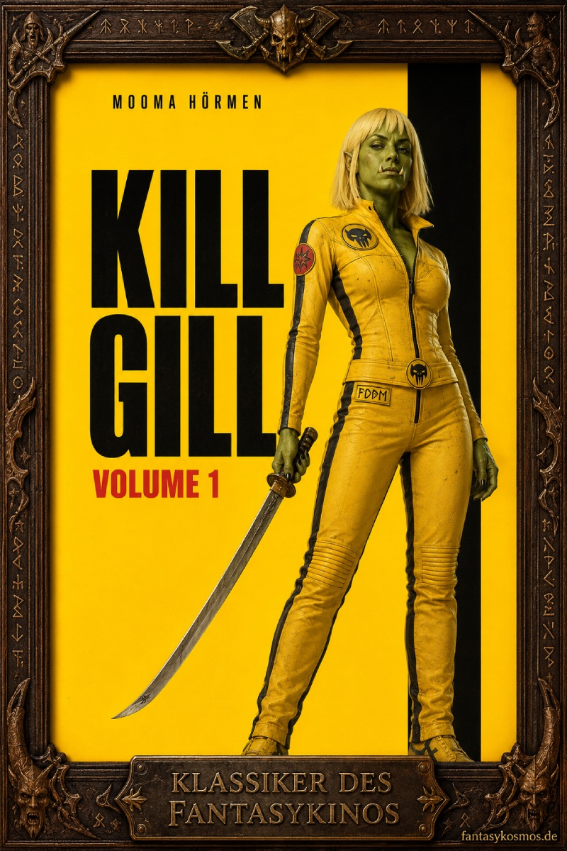 Fantasy-Filmplakat im verzierten Holzrahmen: Vor knallgelbem Hintergrund mit schwarzem Streifen steht die Ork-Assassinin Mooma Hörmen in gelbem Kampfanzug und mit langem Schwert. Links prangt der Titel „Kill Gill“, darunter „Volume 1“. Unten am Rahmen steht „Klassiker des Fantasykinos“.