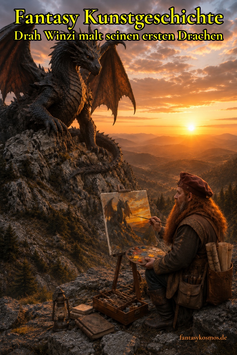 Dokumentarisch wirkendes Fantasy-Archivbild im Hochformat: Auf einem felsigen Bergvorsprung sitzt ein zwergischer Meistermaler mit langem rötlichem Bart und dunkler Kappe vor einer Staffelei. Neben ihm liegen Malkasten, Laterne, Bücher und zusammengerollte Skizzen. Auf der Leinwand ist eine unfertige Ölstudie mit warmem Abendhimmel und dunkler Drachenform zu sehen. Links auf einem benachbarten Felsen thront ein gewaltiger schwarzer Drache mit ausgebreiteten Schwingen vor glühendem Sonnenuntergang und nebligen Bergketten. Die Szene wirkt wie ein seltenes historisches Beweisbild aus den Zwischenreichen.