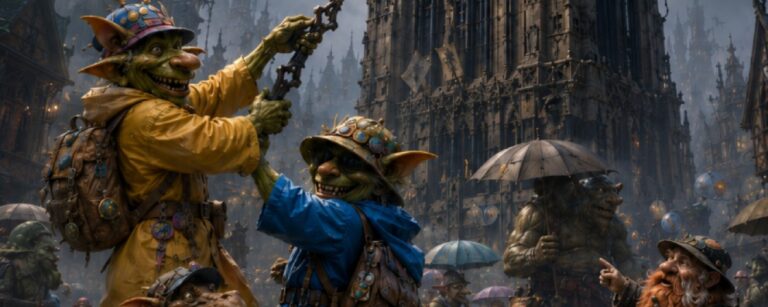 Fantasy-Postkartenmotiv in düsterer Londoom-Kulisse: Vor einem gewaltigen, gotischen Uhrturm mit leuchtendem Zifferblatt zerren zwei Goblin-Touristen in gelbem und blauem Regenzeug.