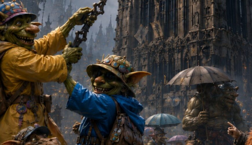 Fantasy-Postkartenmotiv in düsterer Londoom-Kulisse: Vor einem gewaltigen, gotischen Uhrturm mit leuchtendem Zifferblatt zerren zwei Goblin-Touristen in gelbem und blauem Regenzeug.