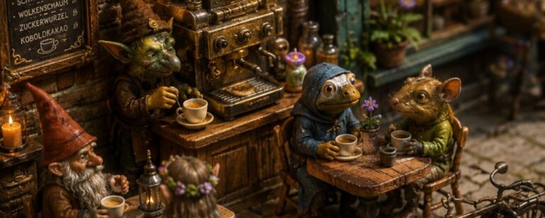 Miniaturhafte Fantasy-Szene im Stop-Motion-Stil: Vor einem kleinen Café namens „Koffein & Kobolde“ sitzen winzige Bewohner der Zwischenreiche an Holztischen und trinken aus kleinen Tassen. Ein koboldischer Barista steht vor einer messingfarbenen Zauber-Kaffeemaschine, aus der Dampf und magisches Licht steigen. Über dem Laden hängt ein rundes Schild mit der Aufschrift „Café im Zwischenreiche“, während Laternen, Kopfsteinpflaster, ein altes Fahrrad und verwitterte Ladenfronten eine warme, detailreiche Gassenszene erzeugen.