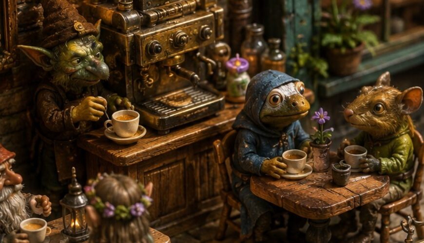 Miniaturhafte Fantasy-Szene im Stop-Motion-Stil: Vor einem kleinen Café namens „Koffein & Kobolde“ sitzen winzige Bewohner der Zwischenreiche an Holztischen und trinken aus kleinen Tassen. Ein koboldischer Barista steht vor einer messingfarbenen Zauber-Kaffeemaschine, aus der Dampf und magisches Licht steigen. Über dem Laden hängt ein rundes Schild mit der Aufschrift „Café im Zwischenreiche“, während Laternen, Kopfsteinpflaster, ein altes Fahrrad und verwitterte Ladenfronten eine warme, detailreiche Gassenszene erzeugen.