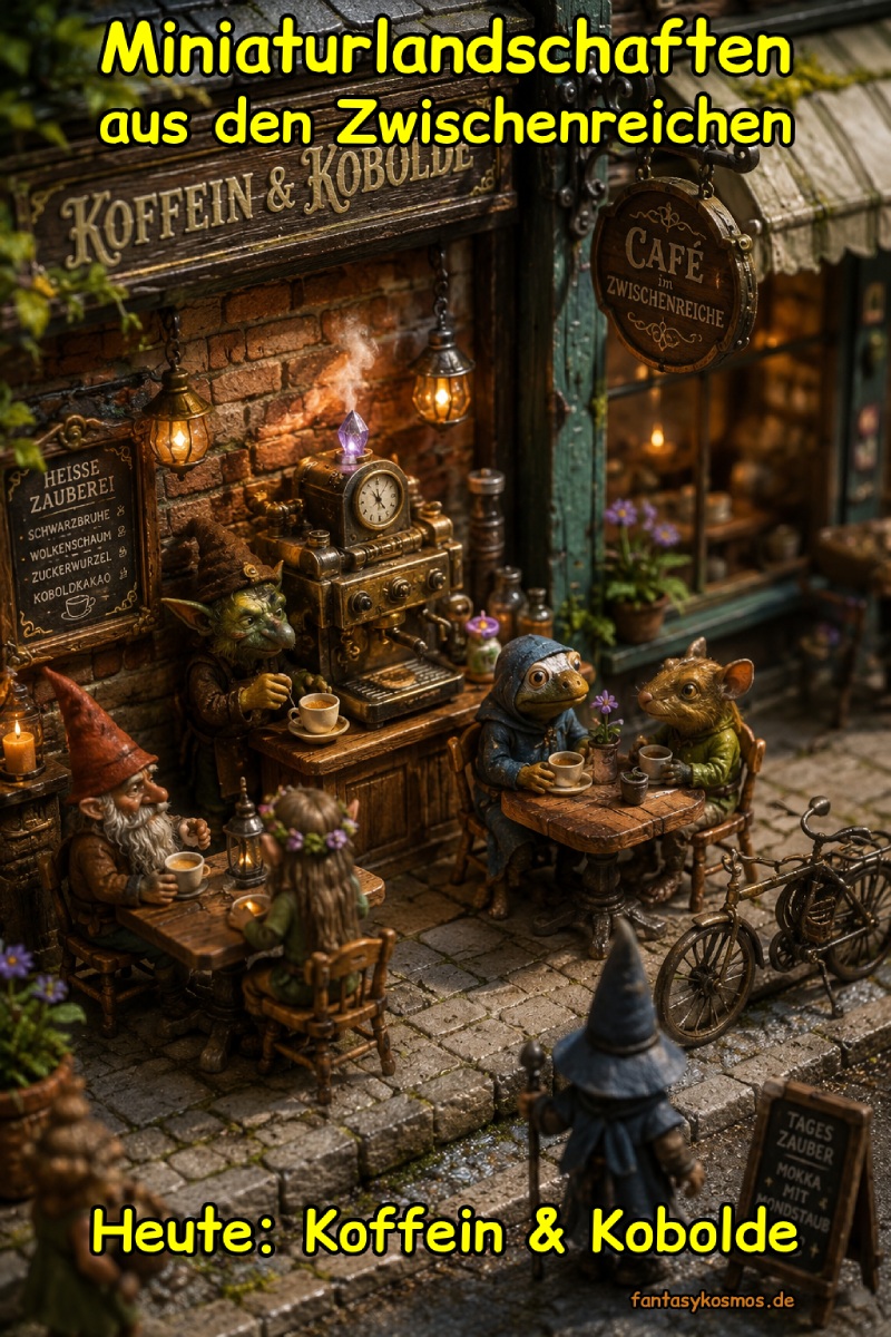 Miniaturhafte Fantasy-Szene im Stop-Motion-Stil: Vor einem kleinen Café namens „Koffein & Kobolde“ sitzen winzige Bewohner der Zwischenreiche an Holztischen und trinken aus kleinen Tassen. Ein koboldischer Barista steht vor einer messingfarbenen Zauber-Kaffeemaschine, aus der Dampf und magisches Licht steigen. Über dem Laden hängt ein rundes Schild mit der Aufschrift „Café im Zwischenreiche“, während Laternen, Kopfsteinpflaster, ein altes Fahrrad und verwitterte Ladenfronten eine warme, detailreiche Gassenszene erzeugen.