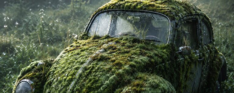Makroartiges Fantasy-Naturfoto im Hochformat: Ein alter, rundlicher Kleinwagen steht tief im feuchten Gras einer nebligen Waldlichtung und ist fast vollständig mit dichtem Moos, kleinen Gräsern und Tautropfen überwachsen. Um ihn herum sitzen drei kleine moosbewachsene Jungkäfer im Gras. Die Szene wirkt wie eine seltene Naturdoku-Aufnahme eines seltsamen Zwischenreichslebewesens.
