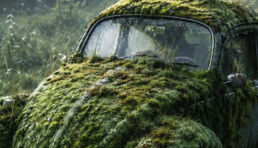 Makroartiges Fantasy-Naturfoto im Hochformat: Ein alter, rundlicher Kleinwagen steht tief im feuchten Gras einer nebligen Waldlichtung und ist fast vollständig mit dichtem Moos, kleinen Gräsern und Tautropfen überwachsen. Um ihn herum sitzen drei kleine moosbewachsene Jungkäfer im Gras. Die Szene wirkt wie eine seltene Naturdoku-Aufnahme eines seltsamen Zwischenreichslebewesens.