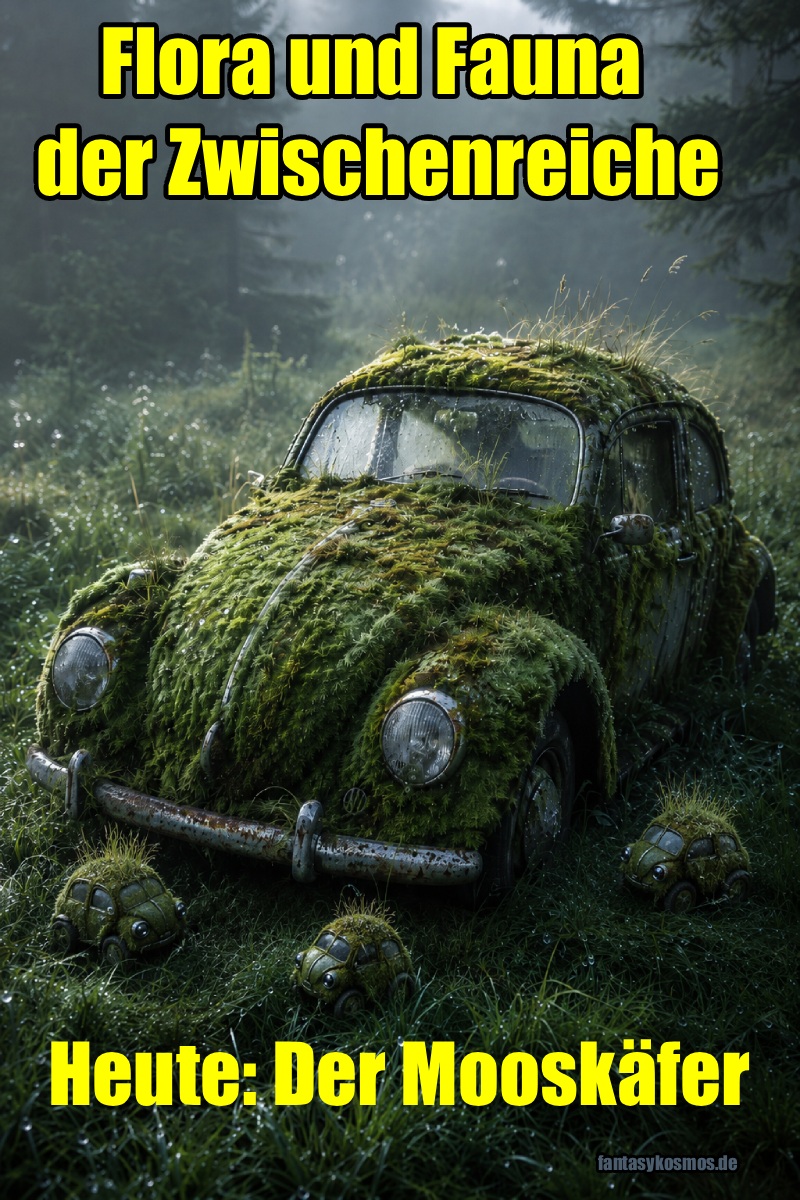 Makroartiges Fantasy-Naturfoto im Hochformat: Ein alter, rundlicher Kleinwagen steht tief im feuchten Gras einer nebligen Waldlichtung und ist fast vollständig mit dichtem Moos, kleinen Gräsern und Tautropfen überwachsen. Um ihn herum sitzen drei kleine moosbewachsene Jungkäfer im Gras. Die Szene wirkt wie eine seltene Naturdoku-Aufnahme eines seltsamen Zwischenreichslebewesens. Unten rechts Signatur: fantasykosmos.de.