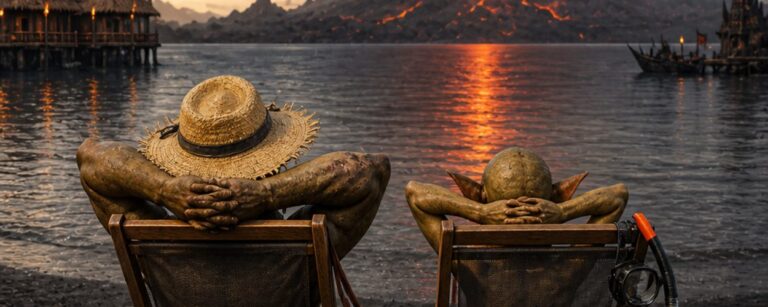 Satirische Fantasy-Reiseanzeige im Hochformat: Zwei orkische Urlauber sitzen entspannt in Liegestühlen an einem schwarzen Vulkanstrand und blicken auf ein dunkles Meer, vor dem ein gewaltiger Vulkan glühend ausbricht. Links stehen finstere Stelzenhütten über dem Wasser, rechts liegen Schnorchel und Strandsachen im Aschesand. Über der Szene steht in großer Werbeschrift „Fast schon wie Urlaub.“, darunter der rote Slogan „Mordor entdecken.“. Das Bild wirkt wie eine absurde Reiseanzeige für eine Sommerfrische aus den Zwischenreichen.