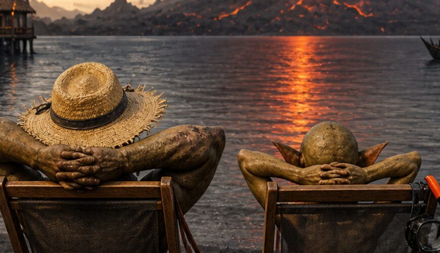 Satirische Fantasy-Reiseanzeige im Hochformat: Zwei orkische Urlauber sitzen entspannt in Liegestühlen an einem schwarzen Vulkanstrand und blicken auf ein dunkles Meer, vor dem ein gewaltiger Vulkan glühend ausbricht. Links stehen finstere Stelzenhütten über dem Wasser, rechts liegen Schnorchel und Strandsachen im Aschesand. Über der Szene steht in großer Werbeschrift „Fast schon wie Urlaub.“, darunter der rote Slogan „Mordor entdecken.“. Das Bild wirkt wie eine absurde Reiseanzeige für eine Sommerfrische aus den Zwischenreichen.