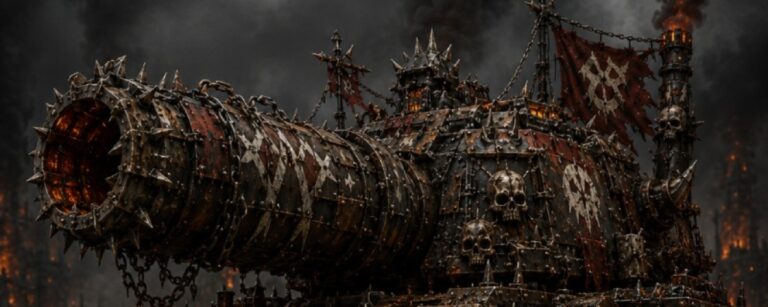 Düsteres Fantasy-Meme im Hochformat: Ein riesiger, rostiger Ork-Panzer steht auf nassem Schlachtfeldboden unter schwarzem Rauchhimmel. Das Fahrzeug besteht aus grob vernieteten Metallplatten, Ketten, Schädeln, Stacheln und gewaltigen Rammschaufeln. Aus Schlitzen und Lüftungen glüht orangefarbenes Feuer, während eine überdimensionierte Kanone nach vorn ragt.