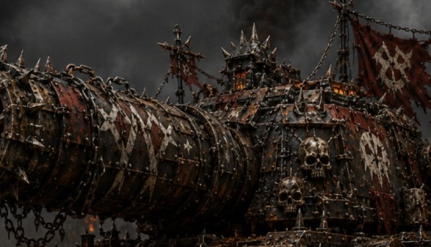 Düsteres Fantasy-Meme im Hochformat: Ein riesiger, rostiger Ork-Panzer steht auf nassem Schlachtfeldboden unter schwarzem Rauchhimmel. Das Fahrzeug besteht aus grob vernieteten Metallplatten, Ketten, Schädeln, Stacheln und gewaltigen Rammschaufeln. Aus Schlitzen und Lüftungen glüht orangefarbenes Feuer, während eine überdimensionierte Kanone nach vorn ragt.