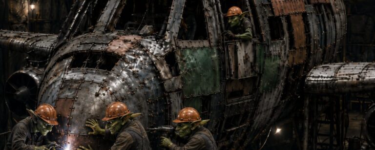 Düsteres Fantasy-Industriefoto im Hochformat: In einer schäbigen Höhlenwerft arbeitet eine Gruppe Goblin-Mechaniker mit orangefarbenen Arbeitshelmen an einem improvisierten Passagierflugzeug aus zusammengenieteten Schrottplatten. Das Flugzeug hat eine rundliche Nase, offene Cockpitfenster, grün-braune Flickenbleche und eine deutlich zusammengewürfelte Außenhaut. Vorne schweißt ein Goblin an der Nase, ein zweiter hält eine gebogene Metallplatte fest, ein dritter befestigt sie mit Werkzeug. Oben spannt sich ein gelber Hallenkran mit der Aufschrift „GOBWING“ durch den düsteren Höhlenkomplex.