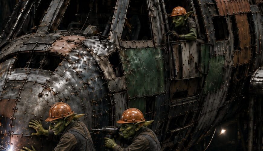 Düsteres Fantasy-Industriefoto im Hochformat: In einer schäbigen Höhlenwerft arbeitet eine Gruppe Goblin-Mechaniker mit orangefarbenen Arbeitshelmen an einem improvisierten Passagierflugzeug aus zusammengenieteten Schrottplatten. Das Flugzeug hat eine rundliche Nase, offene Cockpitfenster, grün-braune Flickenbleche und eine deutlich zusammengewürfelte Außenhaut. Vorne schweißt ein Goblin an der Nase, ein zweiter hält eine gebogene Metallplatte fest, ein dritter befestigt sie mit Werkzeug. Oben spannt sich ein gelber Hallenkran mit der Aufschrift „GOBWING“ durch den düsteren Höhlenkomplex.