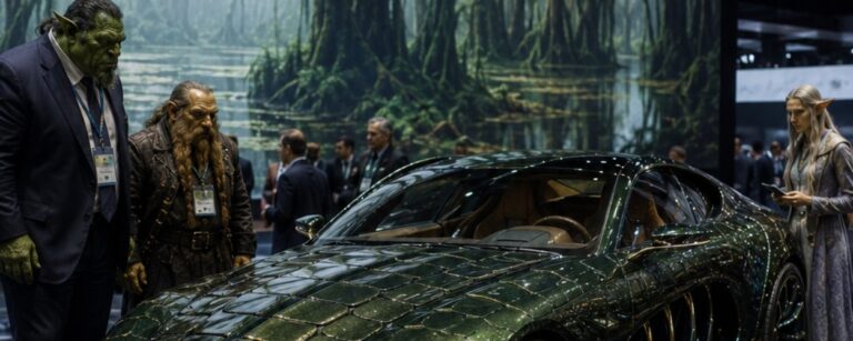 Fantasy-Automesse im Hochformat: Auf einem glänzenden Messestand steht ein luxuriöser, dunkelgrün schimmernder Supersportwagen, der wie eine Mischung aus Edelkarosse und Alligator wirkt. Die Front erinnert an eine lange Reptilienschnauze, die Scheinwerfer blicken schmal und räuberisch, während schuppenartige Karosserieflächen und goldene Akzente den Wagen wie ein sündhaft teures Sumpfraubtier erscheinen lassen. Um das Fahrzeug stehen Orks, Zwerge, Elben und Goblins als Messepublikum. Im Hintergrund verstärkt eine neblige Sumpflandschaft den Eindruck einer absurden, aber ernsthaft präsentierten Fahrzeugpremiere aus den Zwischenreichen.
