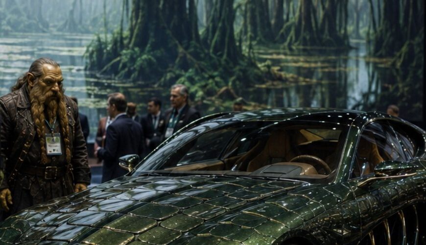 Fantasy-Automesse im Hochformat: Auf einem glänzenden Messestand steht ein luxuriöser, dunkelgrün schimmernder Supersportwagen, der wie eine Mischung aus Edelkarosse und Alligator wirkt. Die Front erinnert an eine lange Reptilienschnauze, die Scheinwerfer blicken schmal und räuberisch, während schuppenartige Karosserieflächen und goldene Akzente den Wagen wie ein sündhaft teures Sumpfraubtier erscheinen lassen. Um das Fahrzeug stehen Orks, Zwerge, Elben und Goblins als Messepublikum. Im Hintergrund verstärkt eine neblige Sumpflandschaft den Eindruck einer absurden, aber ernsthaft präsentierten Fahrzeugpremiere aus den Zwischenreichen.