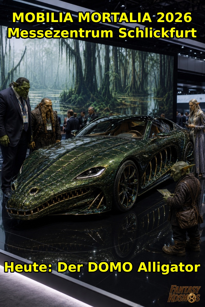 Fantasy-Automesse im Hochformat: Auf einem glänzenden Messestand steht ein luxuriöser, dunkelgrün schimmernder Supersportwagen, der wie eine Mischung aus Edelkarosse und Alligator wirkt. Die Front erinnert an eine lange Reptilienschnauze, die Scheinwerfer blicken schmal und räuberisch, während schuppenartige Karosserieflächen und goldene Akzente den Wagen wie ein sündhaft teures Sumpfraubtier erscheinen lassen. Um das Fahrzeug stehen Orks, Zwerge, Elben und Goblins als Messepublikum. Im Hintergrund verstärkt eine neblige Sumpflandschaft den Eindruck einer absurden, aber ernsthaft präsentierten Fahrzeugpremiere aus den Zwischenreichen.