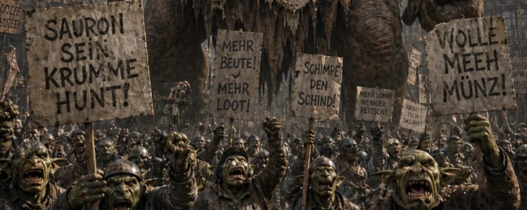 Düstere Fantasy-Baustelle im Hochformat: Ein gewaltiger Bergtroll steht inmitten einer schlammigen Großbaustelle zwischen Kränen, Gerüsten und halb errichteten Türmen. In einer Hand hält er einen riesigen Hammer, in der anderen eine Sichel. Vor ihm demonstrieren brüllende Goblins, Orks und Trollarbeiter mit Schildern wie „SAURON SEIN KRUMME HUNT!“ und „WOLLE MEEH MÜNZ!“. Die Szene wirkt wie eine finstere Arbeiterrevolte aus den Zwischenreichen.