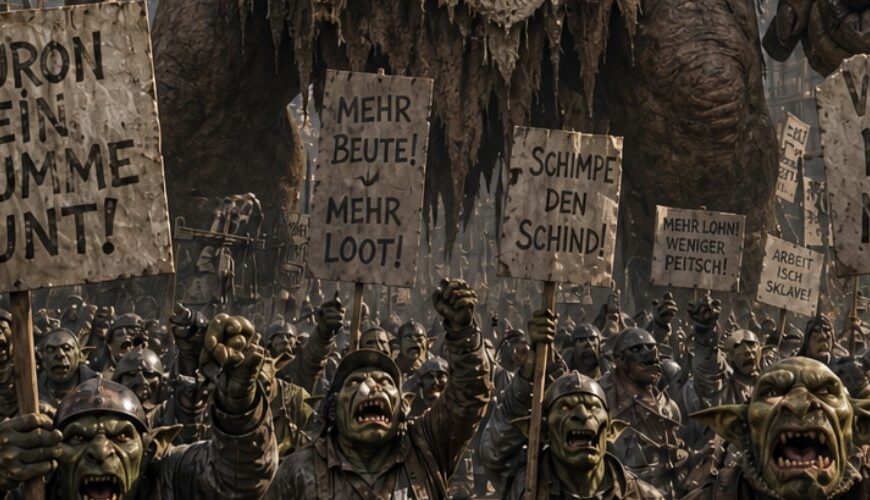 Düstere Fantasy-Baustelle im Hochformat: Ein gewaltiger Bergtroll steht inmitten einer schlammigen Großbaustelle zwischen Kränen, Gerüsten und halb errichteten Türmen. In einer Hand hält er einen riesigen Hammer, in der anderen eine Sichel. Vor ihm demonstrieren brüllende Goblins, Orks und Trollarbeiter mit Schildern wie „SAURON SEIN KRUMME HUNT!“ und „WOLLE MEEH MÜNZ!“. Die Szene wirkt wie eine finstere Arbeiterrevolte aus den Zwischenreichen.
