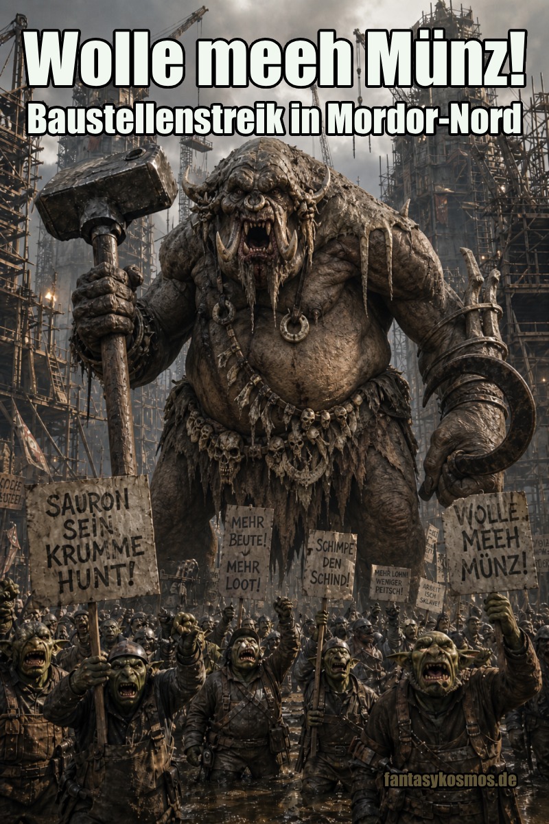 Düstere Fantasy-Baustelle im Hochformat: Ein gewaltiger Bergtroll steht inmitten einer schlammigen Großbaustelle zwischen Kränen, Gerüsten und halb errichteten Türmen. In einer Hand hält er einen riesigen Hammer, in der anderen eine Sichel. Vor ihm demonstrieren brüllende Goblins, Orks und Trollarbeiter mit Schildern wie „SAURON SEIN KRUMME HUNT!“ und „WOLLE MEEH MÜNZ!“. Die Szene wirkt wie eine finstere Arbeiterrevolte aus den Zwischenreichen.