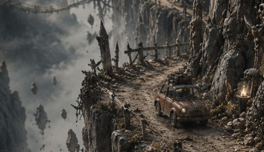 Fantasyhaftes Landschaftsfoto im Hochformat: Ein kleiner alter Wagen fährt über einen schmalen, staubigen Klippenpfad entlang einer gewaltigen Felswand. Tief darunter liegt ein Meer aus Nebel und schwebenden Felsbrocken.