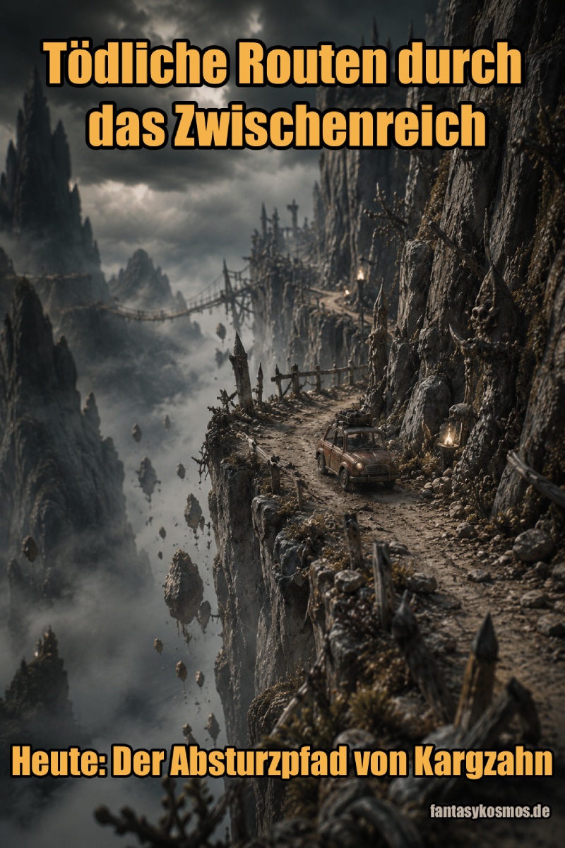 Makroartig inszeniertes Fantasy-Landschaftsfoto im Hochformat: Ein kleiner alter Wagen fährt über einen schmalen, staubigen Klippenpfad entlang einer gewaltigen Felswand. Tief darunter liegt ein Meer aus Nebel und schwebenden Felsbrocken. Verfallene Wegpfähle, düstere Brücken und dunkle Wolken verleihen der Szene den Charakter einer tödlichen Route aus den Zwischenreichen. Unten rechts Signatur: fantasykosmos.de.