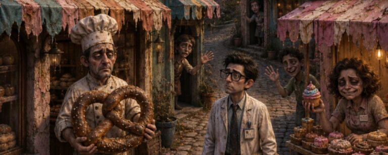 Düstere Fantasy-Dorfansicht im Hochformat: Eine enge Kopfsteinpflastergasse führt durch ein verfallenes Bonbondorf mit rissigen Pastellhäusern in Rosa, Gelb, Mint und Blau. Links steht ein erschöpfter Bäcker vor einem halb zerfallenen Laden und hält eine riesige Brezel wie ein heiliges Relikt. Rechts sitzt eine müde Cupcake-Verkäuferin an einem verwitterten Stand mit grell verziertem, trostlosem Gebäck. In der Mitte geht ein ernster Mann im weißen Kittel mit Koffer und Akten durch die Straße, wie ein amtlicher Kontrolleur des Niedergangs. In Türen und Fenstern tauchen ausgezehrte Dorfbewohner mit erzwungenen Lächeln auf. Hoch über dem Ort steht ein dunkles Holzhaus auf einem Felsen, mit Ziegen auf Dach und Balkon, unter einem goldgrauen Abendhimmel.