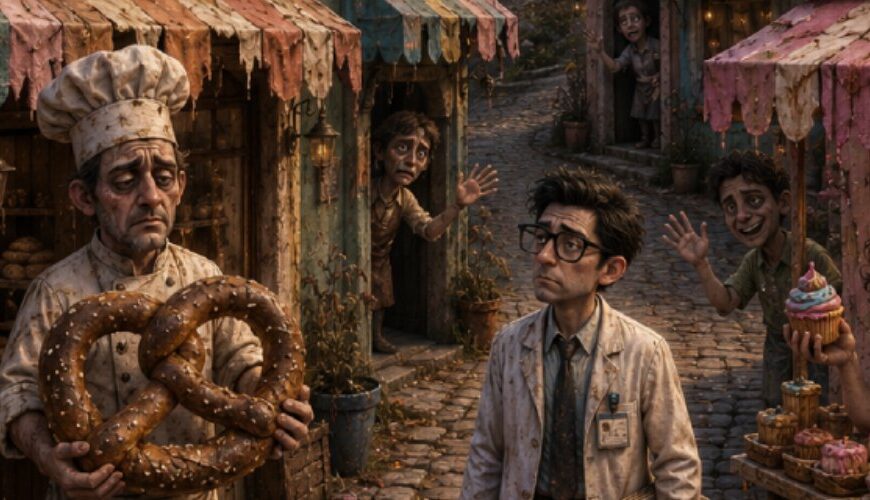 Düstere Fantasy-Dorfansicht im Hochformat: Eine enge Kopfsteinpflastergasse führt durch ein verfallenes Bonbondorf mit rissigen Pastellhäusern in Rosa, Gelb, Mint und Blau. Links steht ein erschöpfter Bäcker vor einem halb zerfallenen Laden und hält eine riesige Brezel wie ein heiliges Relikt. Rechts sitzt eine müde Cupcake-Verkäuferin an einem verwitterten Stand mit grell verziertem, trostlosem Gebäck. In der Mitte geht ein ernster Mann im weißen Kittel mit Koffer und Akten durch die Straße, wie ein amtlicher Kontrolleur des Niedergangs. In Türen und Fenstern tauchen ausgezehrte Dorfbewohner mit erzwungenen Lächeln auf. Hoch über dem Ort steht ein dunkles Holzhaus auf einem Felsen, mit Ziegen auf Dach und Balkon, unter einem goldgrauen Abendhimmel.