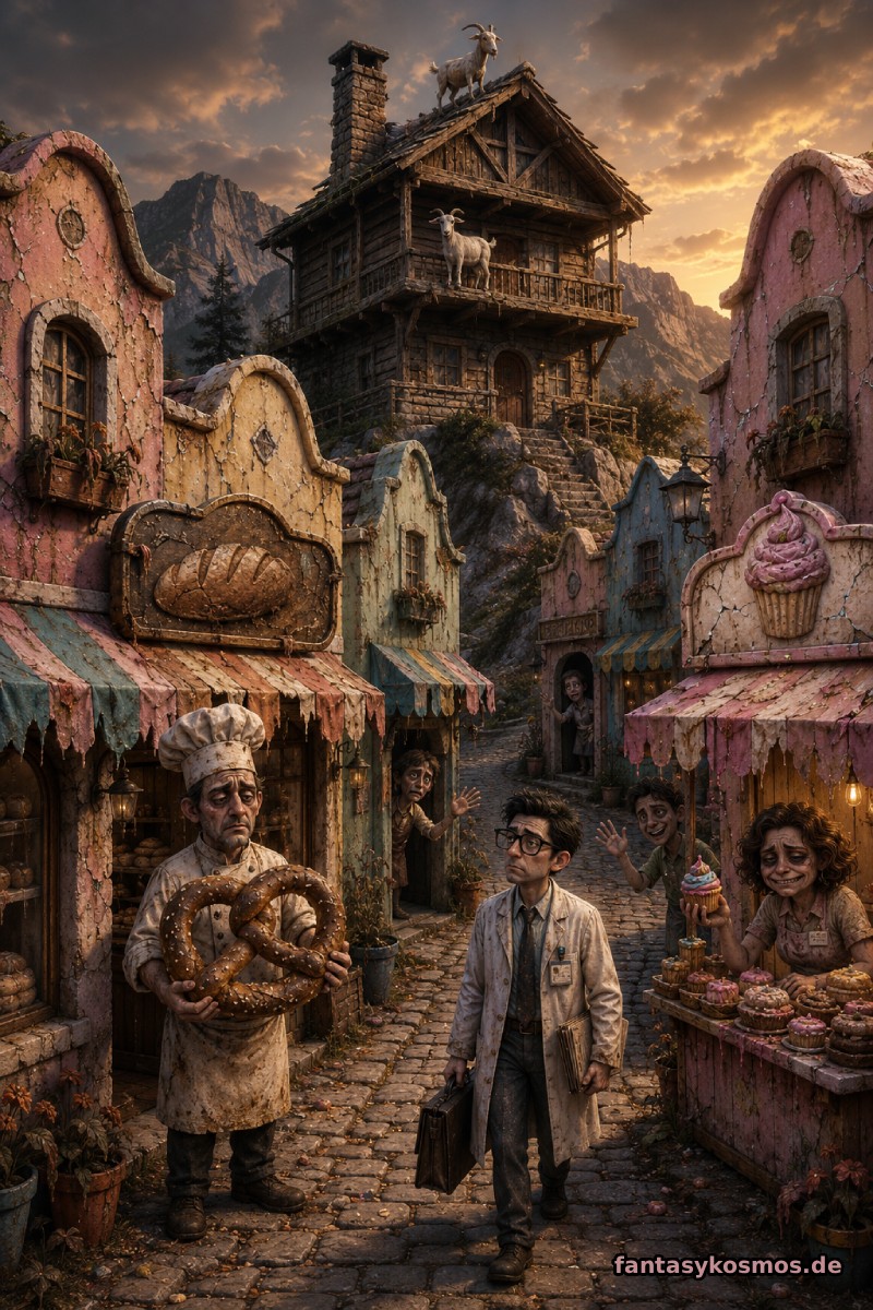 Düstere Fantasy-Dorfansicht im Hochformat: Eine enge Kopfsteinpflastergasse führt durch ein verfallenes Bonbondorf mit rissigen Pastellhäusern in Rosa, Gelb, Mint und Blau. Links steht ein erschöpfter Bäcker vor einem halb zerfallenen Laden und hält eine riesige Brezel wie ein heiliges Relikt. Rechts sitzt eine müde Cupcake-Verkäuferin an einem verwitterten Stand mit grell verziertem, trostlosem Gebäck. In der Mitte geht ein ernster Mann im weißen Kittel mit Koffer und Akten durch die Straße, wie ein amtlicher Kontrolleur des Niedergangs. In Türen und Fenstern tauchen ausgezehrte Dorfbewohner mit erzwungenen Lächeln auf. Hoch über dem Ort steht ein dunkles Holzhaus auf einem Felsen, mit Ziegen auf Dach und Balkon, unter einem goldgrauen Abendhimmel.