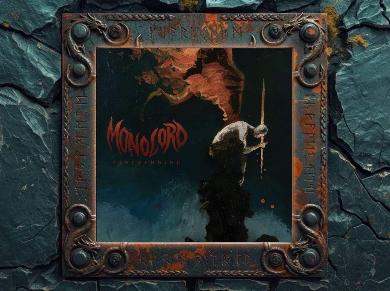 Albumcover von Monolord – Neverending: Dunkles, malerisches Doom-Cover mit schwarzem Hintergrund, rotem Monolord-Logo und dem Albumtitel Neverending. Rechts steht eine vogelartige, verhüllte Gestalt mit hellem Kopf und langem Stab. Darüber schwebt eine große rötliche Form, unten ist kaltes blaues Wasser oder Nebel zu sehen. Das Bild wirkt düster, mythisch und schwer.