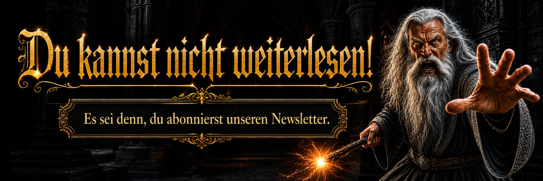 Banner für den Newsletter im Fantasykosmos mit Gandalf, der den Leser nicht vorbeilässt,