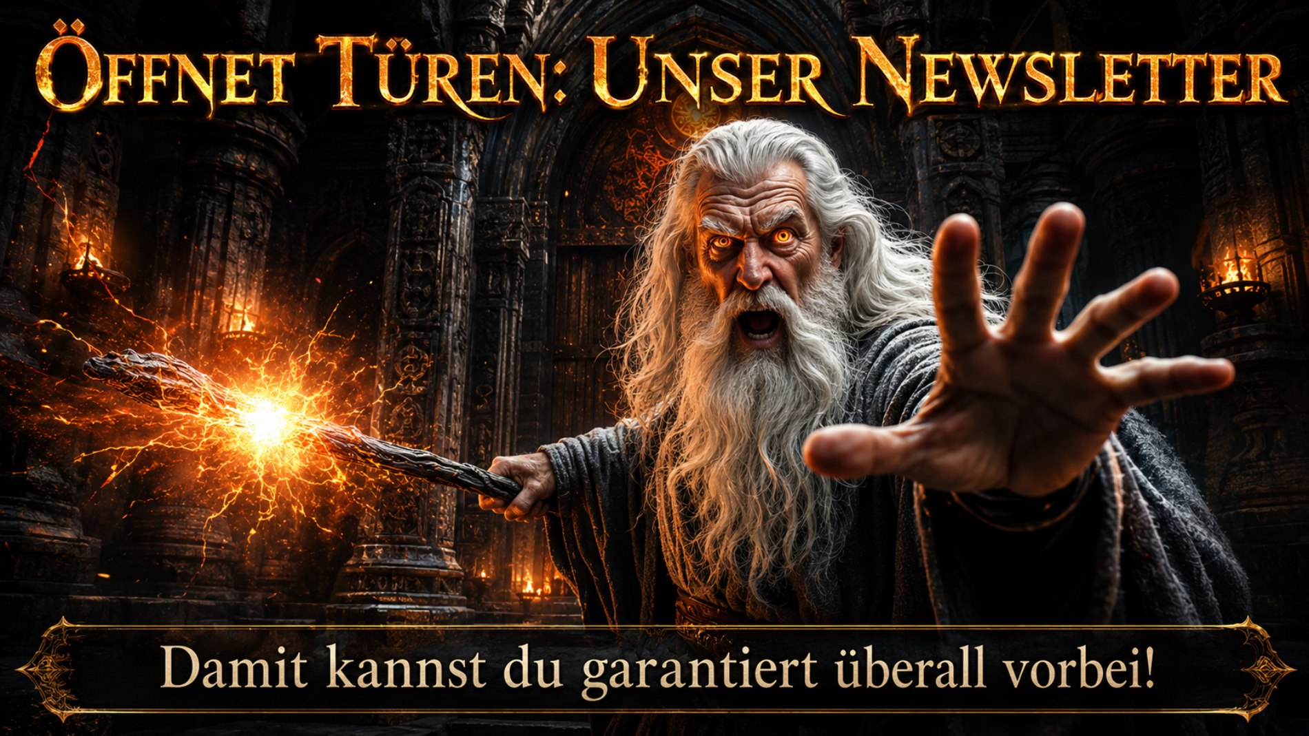 Newsletter Banner: Ein alter Zauberer mit leuchtendem Stab öffnet magische Tore – Metapher für den Newsletter als Schlüssel zu allen Geheimnissen.