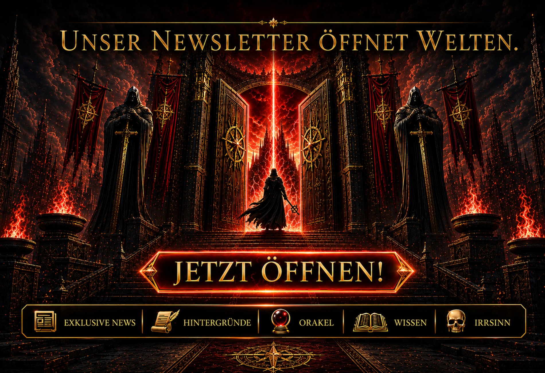 Episches Fantasy-Banner im Stil von Gandalf: Ein weißbärtiger Zauberer blockiert mit erhobenem Stab den Weg und ruft ‚Du kannst nicht vorbei!‘. Darunter der Zusatz: ‚Es sei denn, du abonnierst unseren Newsletter!‘. Rechts unten ein glühender, magischer Button mit der Aufschrift: ‚Lass mich rein, du Narr!