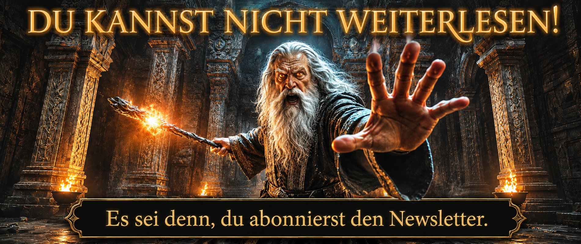 Banner für den Newsletter im Fantasykosmos mit Gandalf, der den Leser nicht vorbeilässt,
