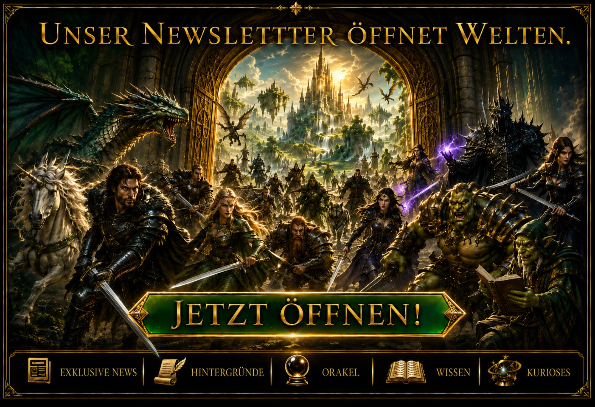 Fantasyfiguren strömen durch ein magisches Tor und symbolisieren damit den Newsletter des Fantasykosmos.